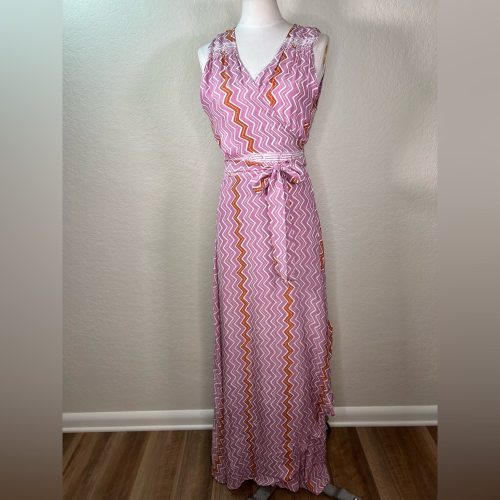 Natalie Martin Printed 100% Silk Wrap Tie Waist Chevron Maxi Dress SZ Large EUC